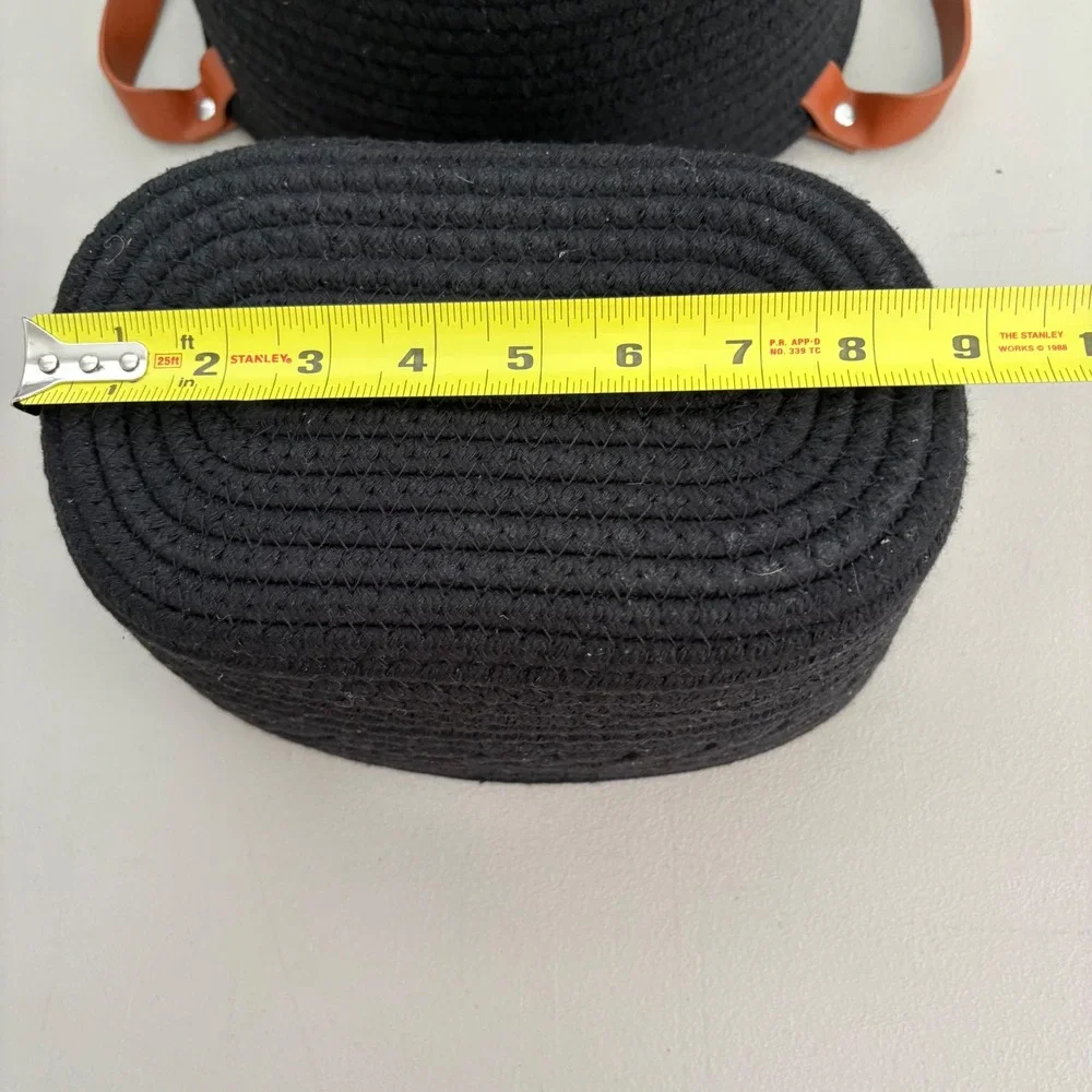 Set of 2 Black Woven Cotton Rope Baskets with Leather Handles Nested Storage